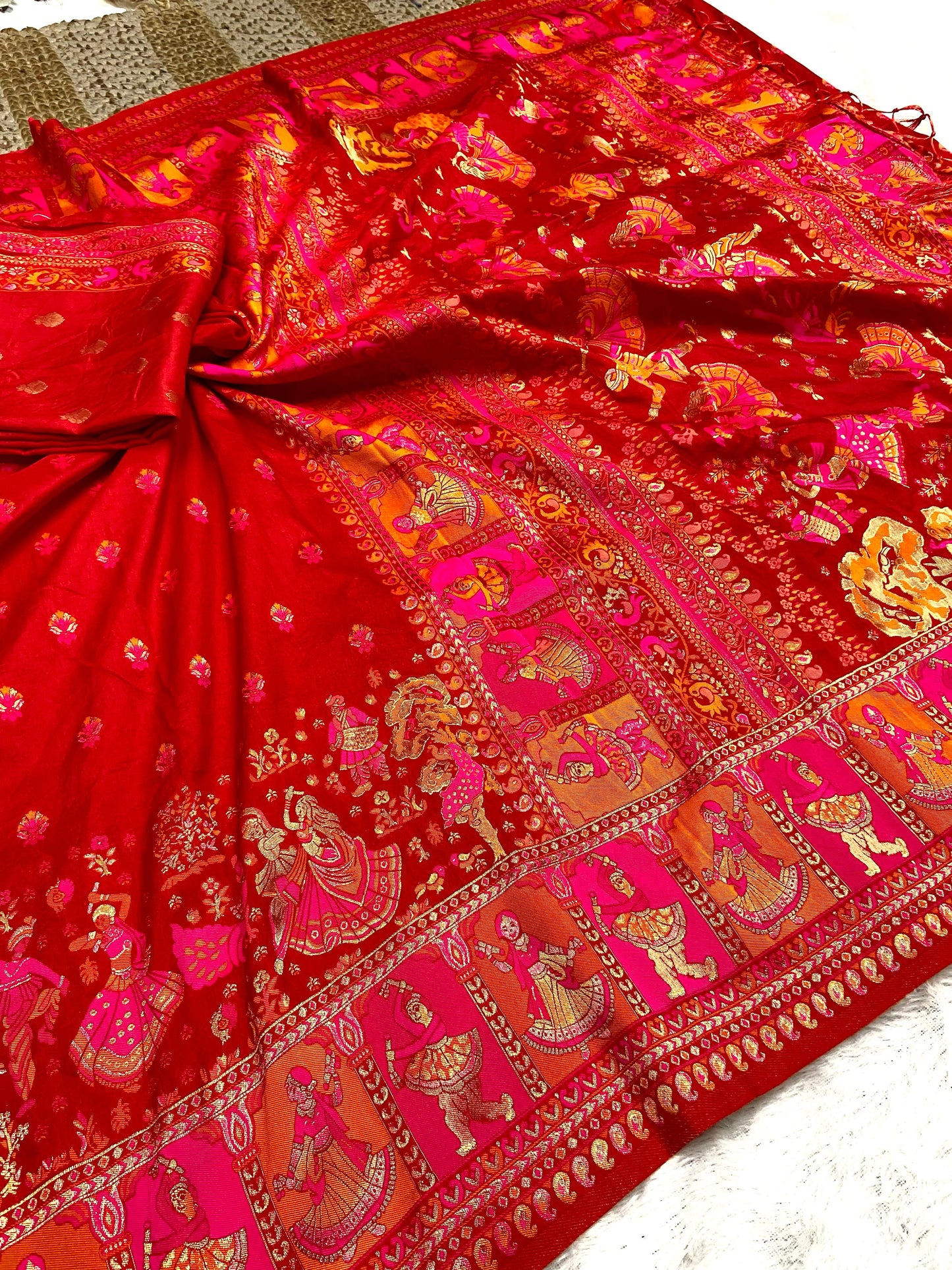 New Pashmina Weaving Rajwadi Saree, Intricate Kashmiri Thread Woven Pallu with Fancy Tassels