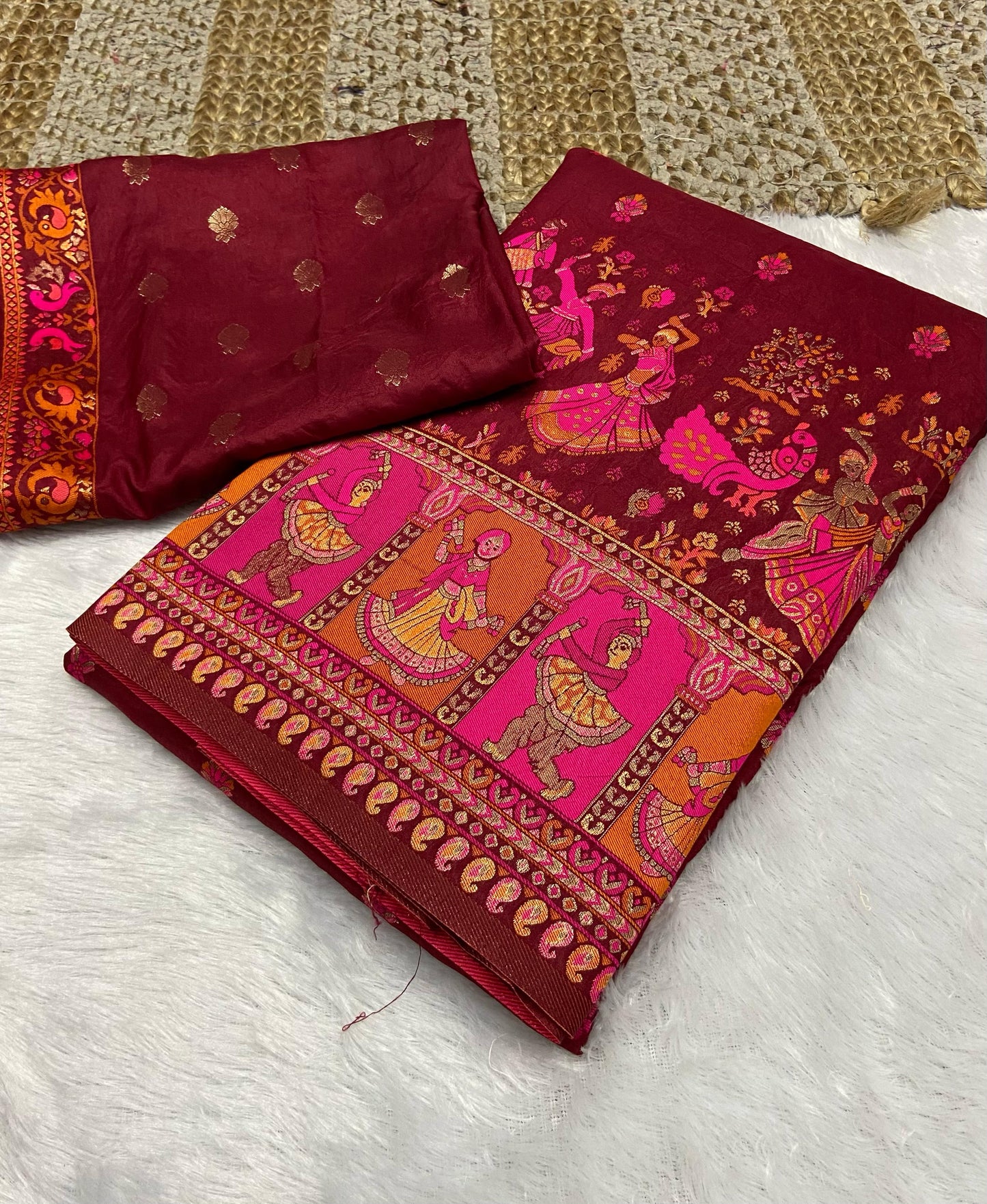 New Pashmina Weaving Rajwadi Saree, Intricate Kashmiri Thread Woven Pallu with Fancy Tassels