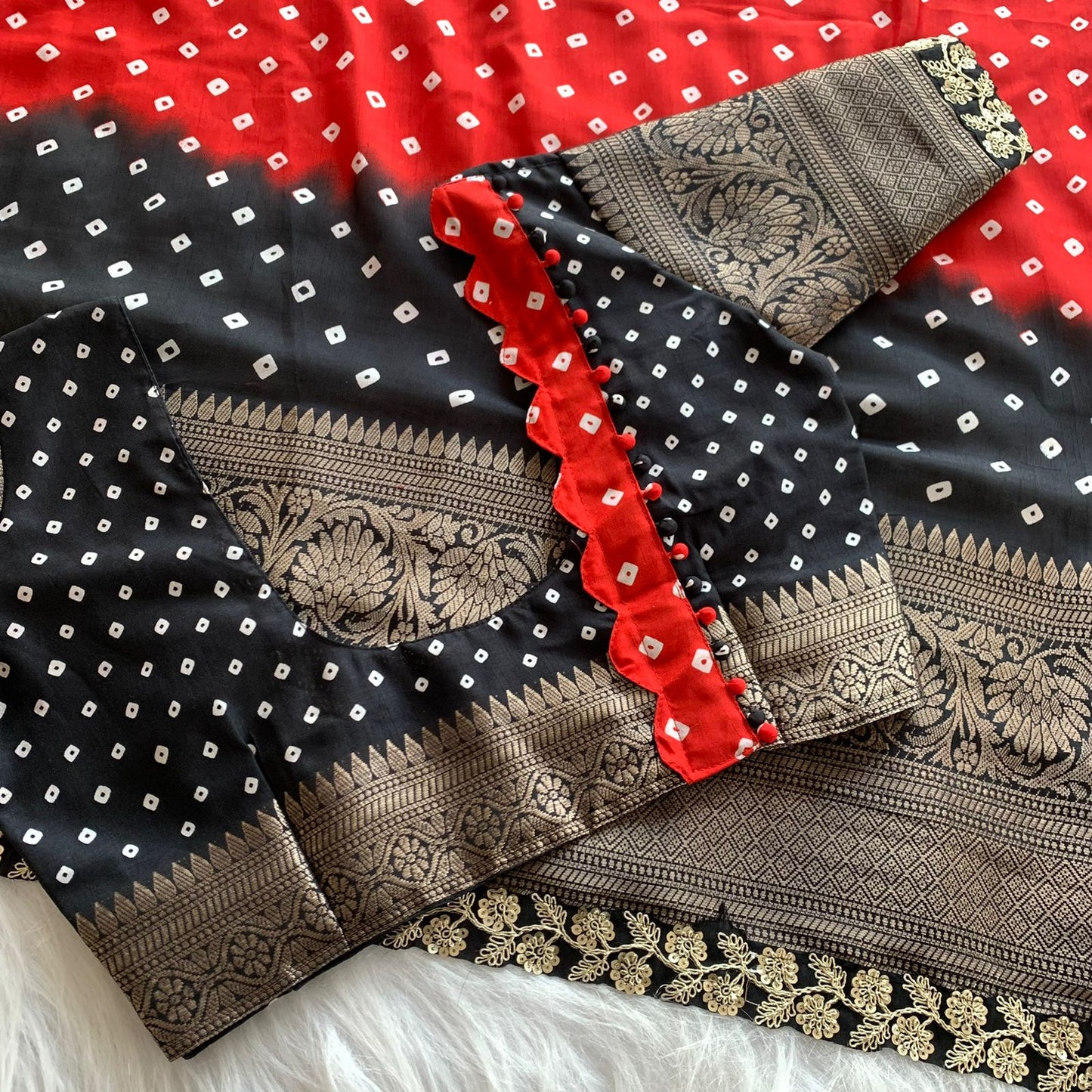 Premium Dola Silk Saree with Bandhani Print & Heavy Jacquard Border