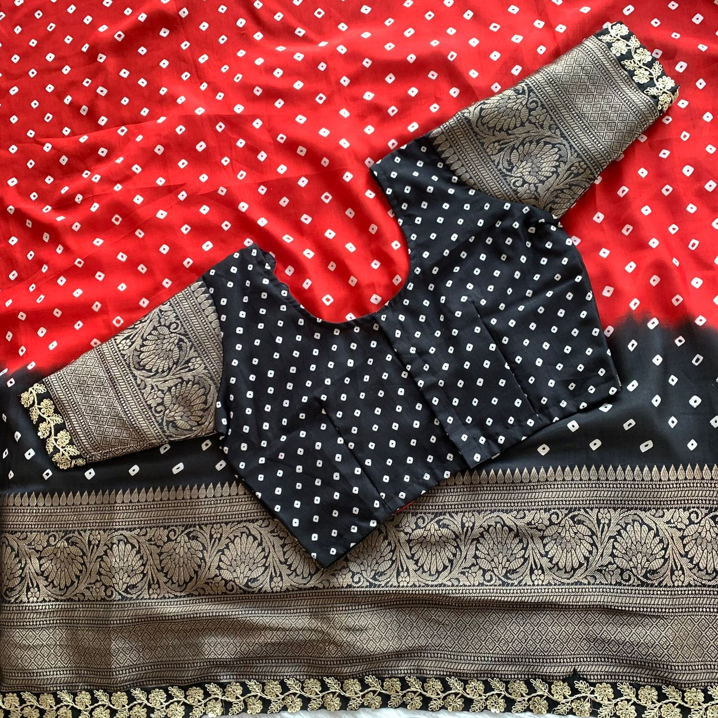 Premium Dola Silk Saree with Bandhani Print & Heavy Jacquard Border