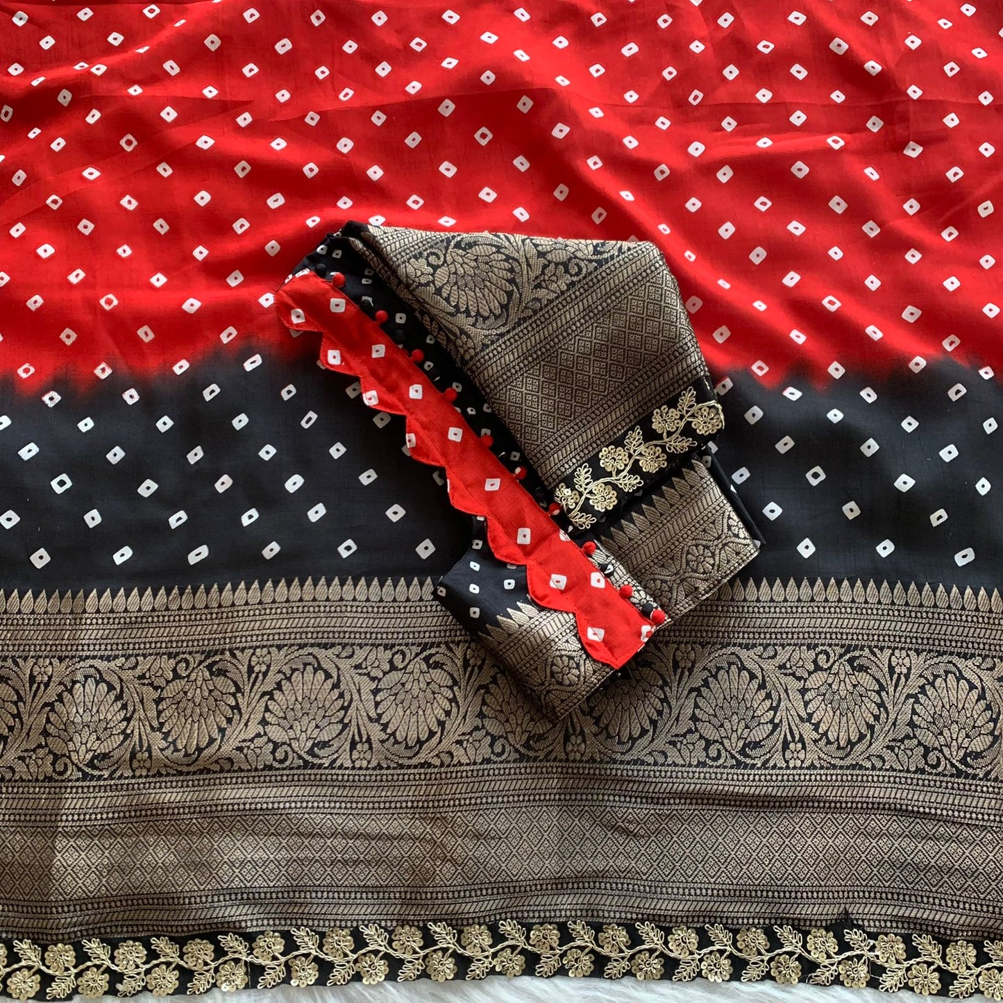 Premium Dola Silk Saree with Bandhani Print & Heavy Jacquard Border