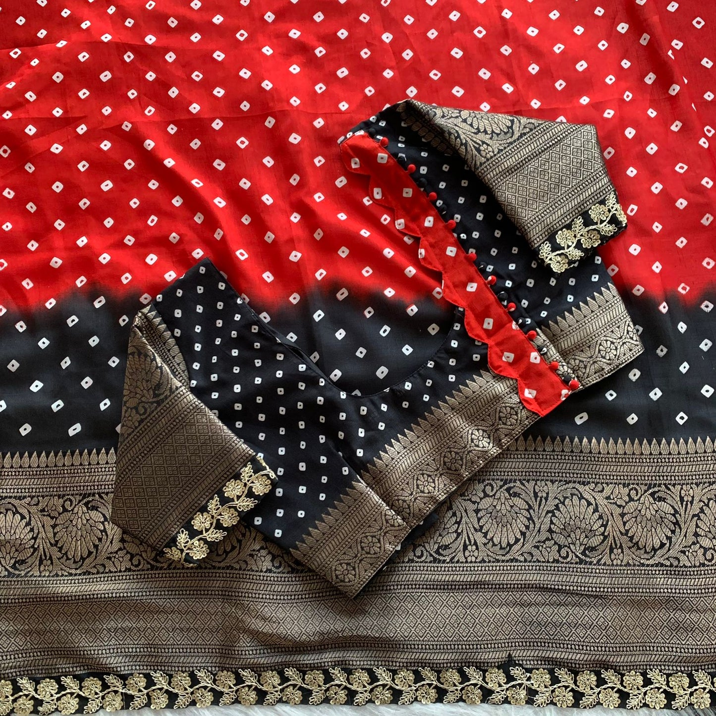 Premium Dola Silk Saree with Bandhani Print & Heavy Jacquard Border