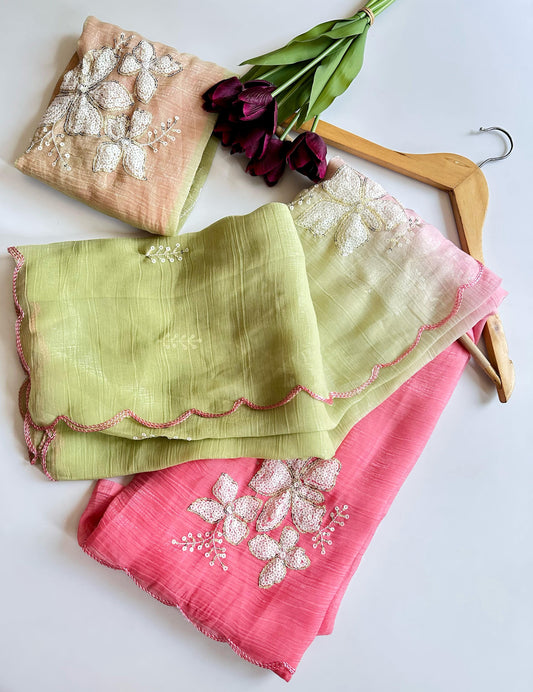 FALGUNI – Fancy Floral Handwork Crush Sarees for Effortless Glam