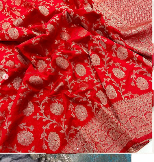 Beautiful Kahddi Banarasi Silk Saree, All over Floral Jaal Work Weaving