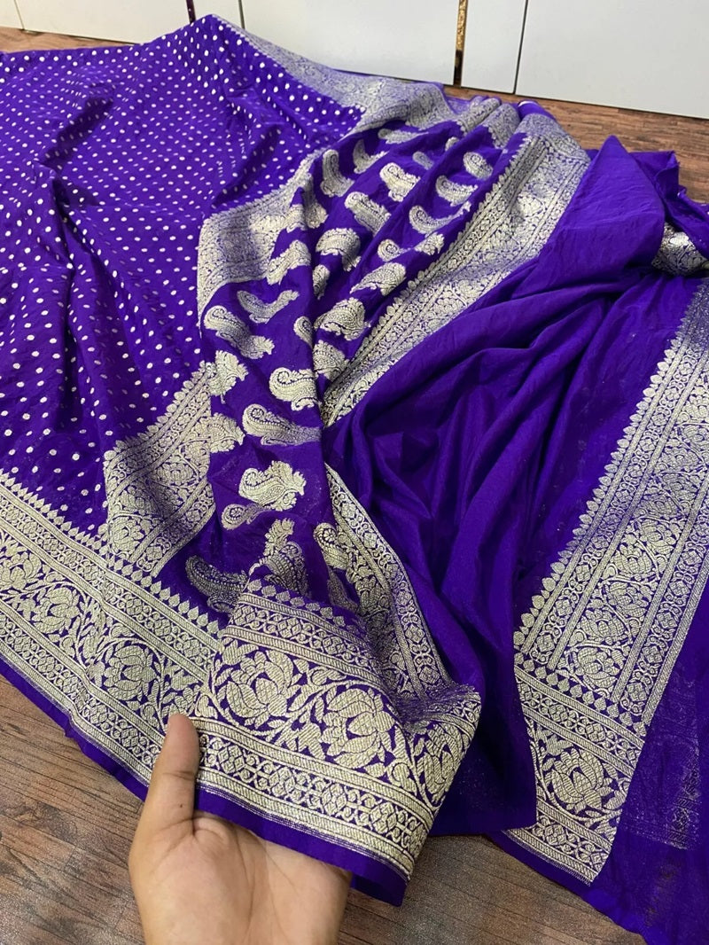 Blue Banarasi Katan Silk Saree, luxurious Zari Weaving with Butti Work
