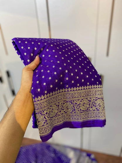 Blue Banarasi Katan Silk Saree, luxurious Zari Weaving with Butti Work