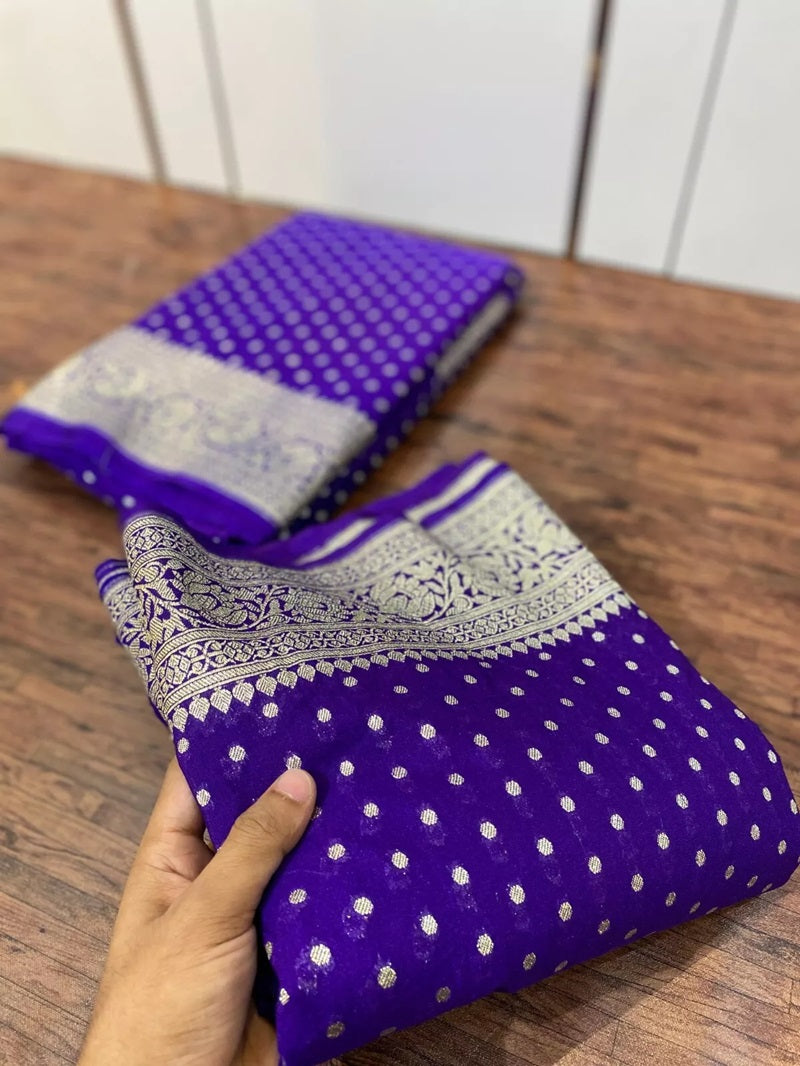Blue Banarasi Katan Silk Saree, luxurious Zari Weaving with Butti Work