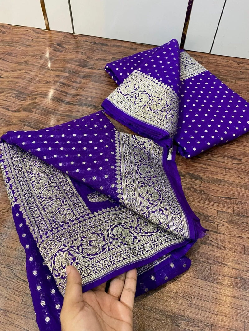 Blue Banarasi Katan Silk Saree, luxurious Zari Weaving with Butti Work