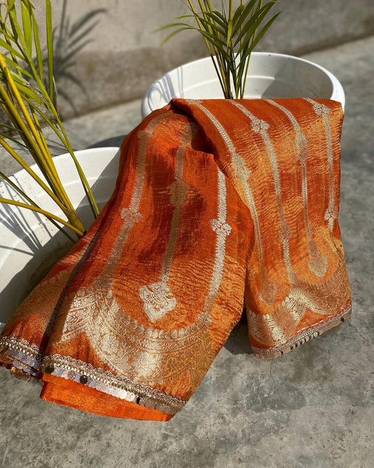 Banarasi Crushed Mull Tissue Silk Saree, Lacing Border, Brocade Blouse