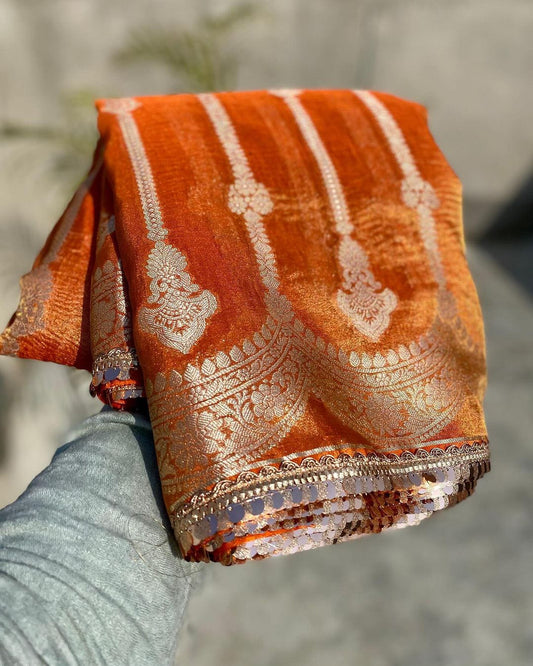 Banarasi Crushed Mull Tissue Silk Saree, Lacing Border, Brocade Blouse