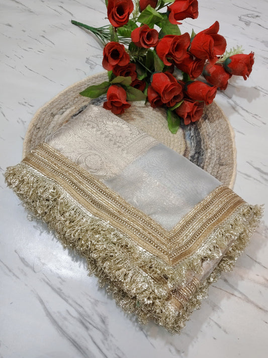 Banarasi Soft Glass Tissue Silk Saree, Premium brocade blouse with delicate lace detailing