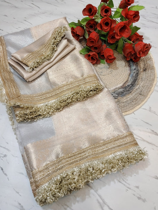 Banarasi Soft Glass Tissue Silk Saree, Premium brocade blouse with delicate lace detailing