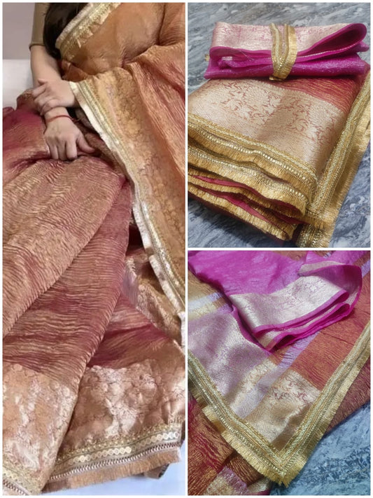 Banarasi Soft Crushed Tissue Silk Saree, Lace-attached striped weaving blouse