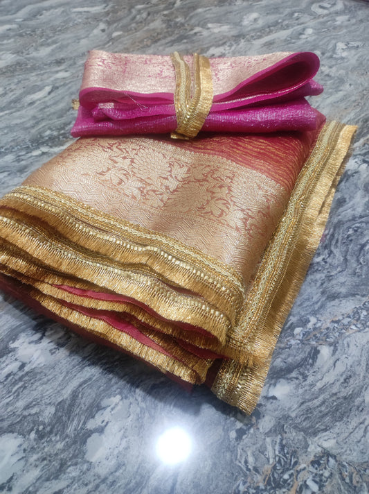 Banarasi Soft Crushed Tissue Silk Saree, Lace-attached striped weaving blouse