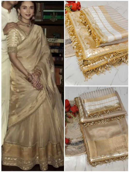 Aditi Rao Hydari Inspired Banarasi Soft Glass Tissue Silk Saree, Lace attached Stripes Weaving Blouse