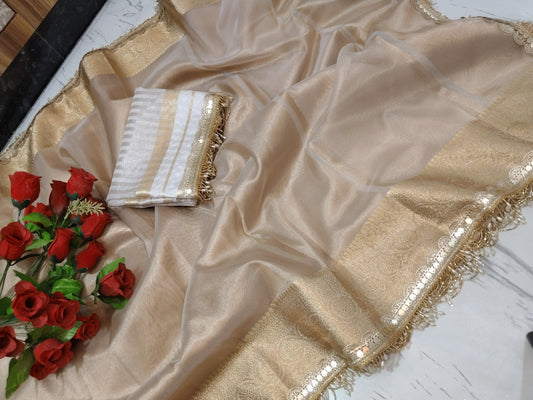 Aditi Rao Hydari Inspired Banarasi Soft Glass Tissue Silk Saree, Lace attached Stripes Weaving Blouse