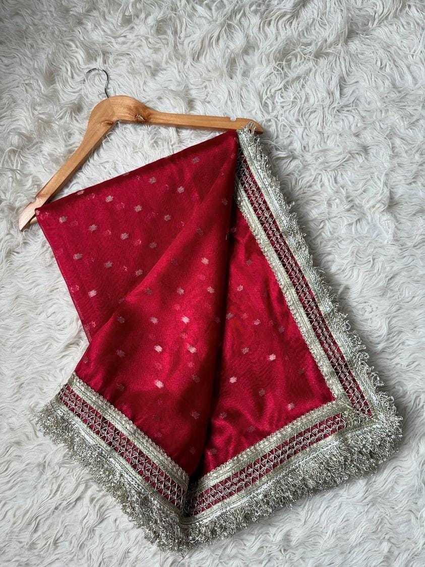 Nayab Sarees, Luxurious Banarasi Soft Chunri Buti Tissue Silk Saree,  all-over buti work ,  Lace-attached running blouse