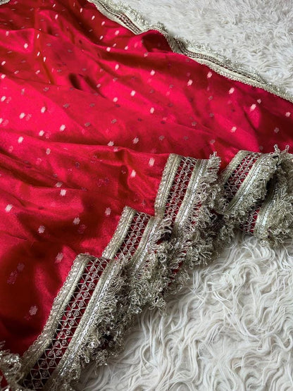 Nayab Sarees, Luxurious Banarasi Soft Chunri Buti Tissue Silk Saree,  all-over buti work ,  Lace-attached running blouse