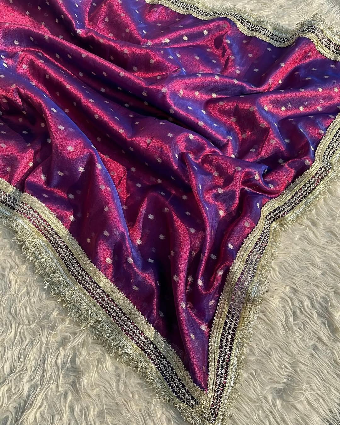 Nayab Sarees, Luxurious Banarasi Soft Chunri Buti Tissue Silk Saree,  all-over buti work ,  Lace-attached running blouse