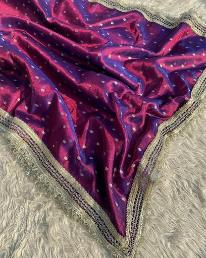 Nayab Sarees, Luxurious Banarasi Soft Chunri Buti Tissue Silk Saree,  all-over buti work ,  Lace-attached running blouse