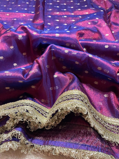Nayab Sarees, Luxurious Banarasi Soft Chunri Buti Tissue Silk Saree,  all-over buti work ,  Lace-attached running blouse