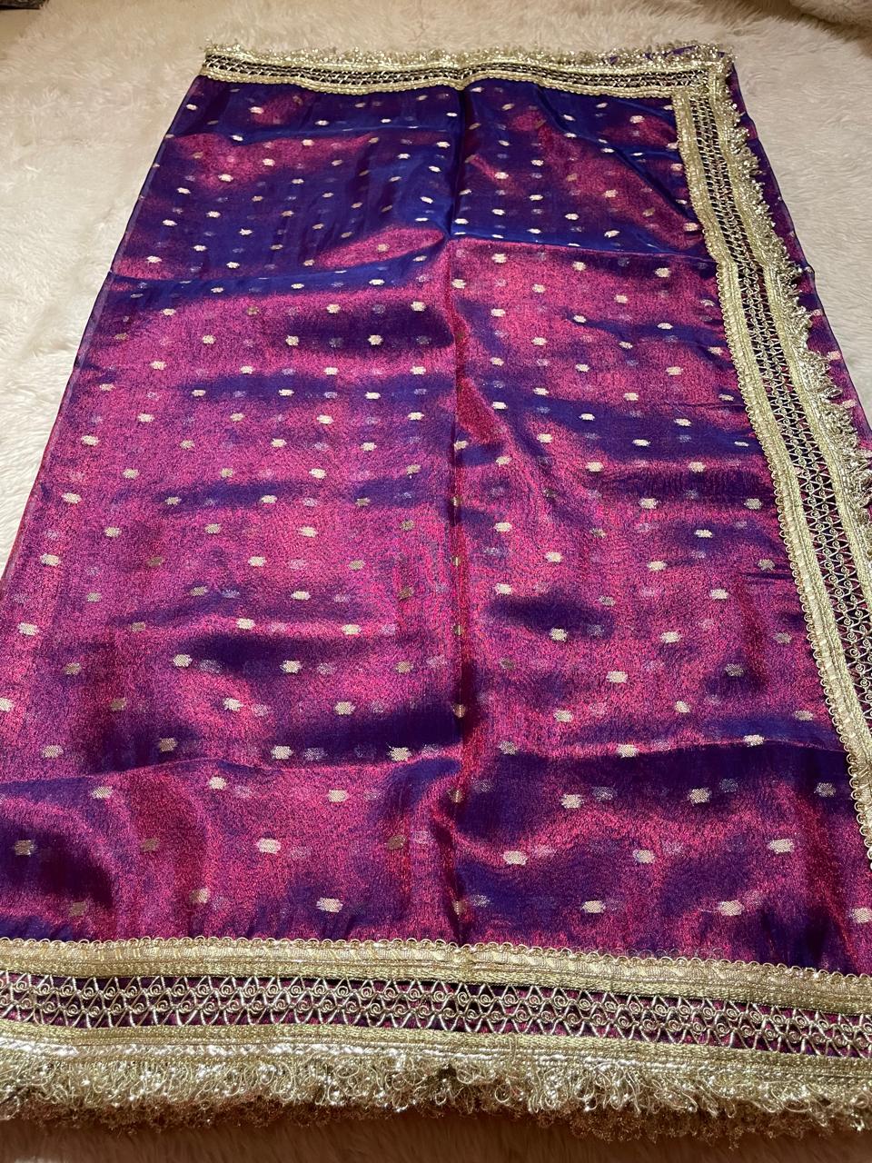 Nayab Sarees, Luxurious Banarasi Soft Chunri Buti Tissue Silk Saree,  all-over buti work ,  Lace-attached running blouse