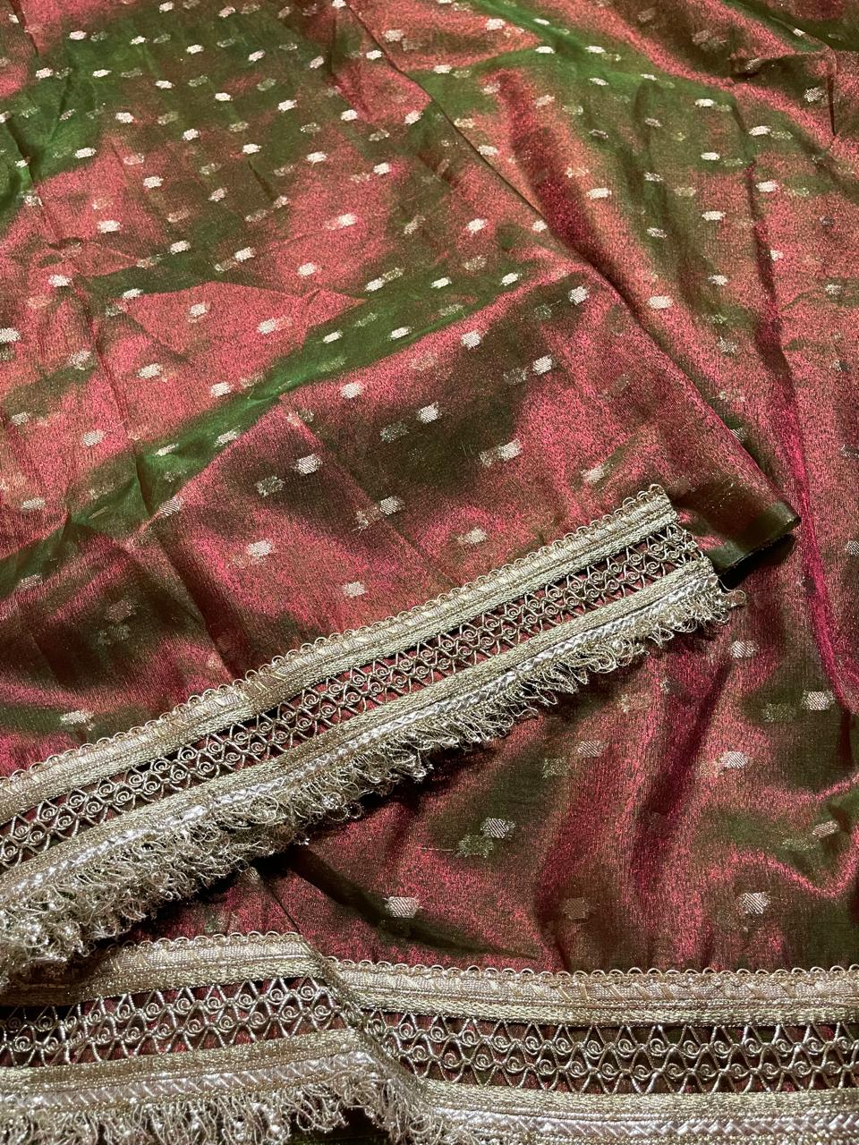 Nayab Sarees, Luxurious Banarasi Soft Chunri Buti Tissue Silk Saree,  all-over buti work ,  Lace-attached running blouse