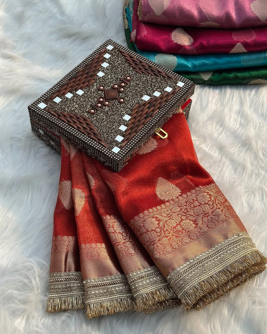 Premium Banarasi Soft Tissue Silk Saree, Weaving all over, Designer Lace Border