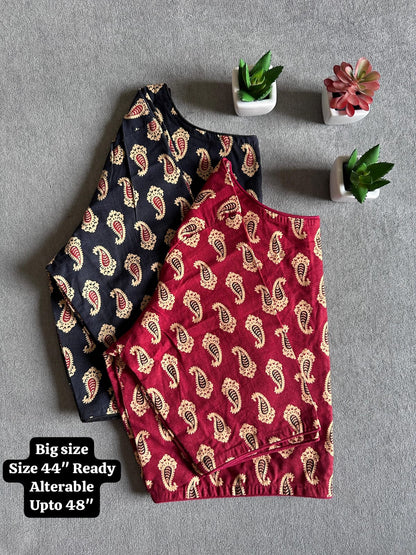 Pure Ajrakh Handloom Cotton Blouse, Boat Neck | Round Neck Options, Non-Padded Blouse