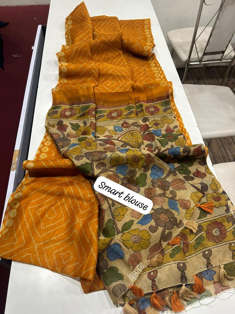 Premium Linen Saree, Beautiful Digital Print with Bandhani motifs all over, Elegant Kalamkari Pallu