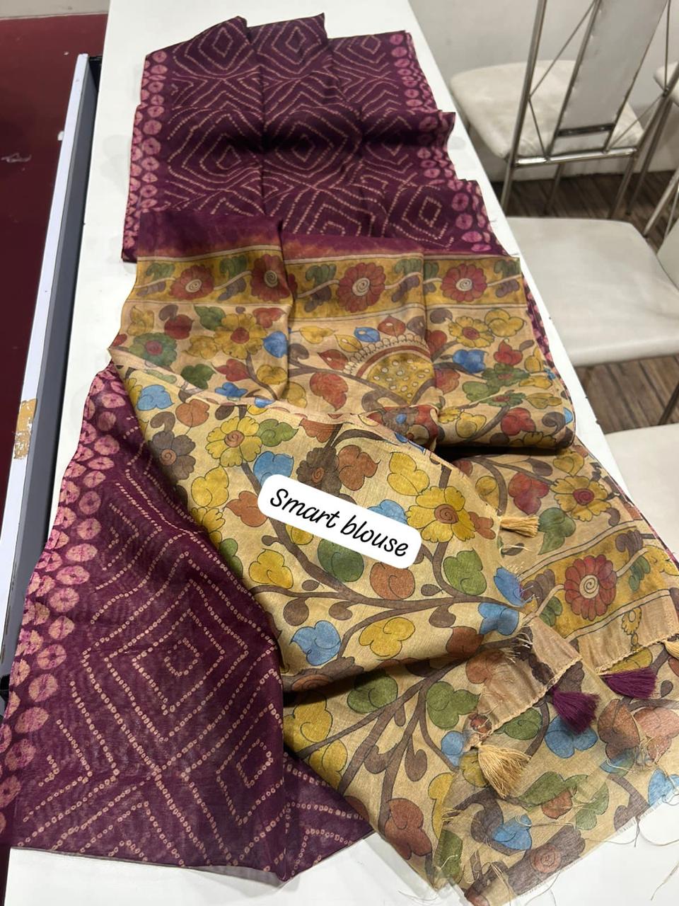 Premium Linen Saree, Beautiful Digital Print with Bandhani motifs all over, Elegant Kalamkari Pallu