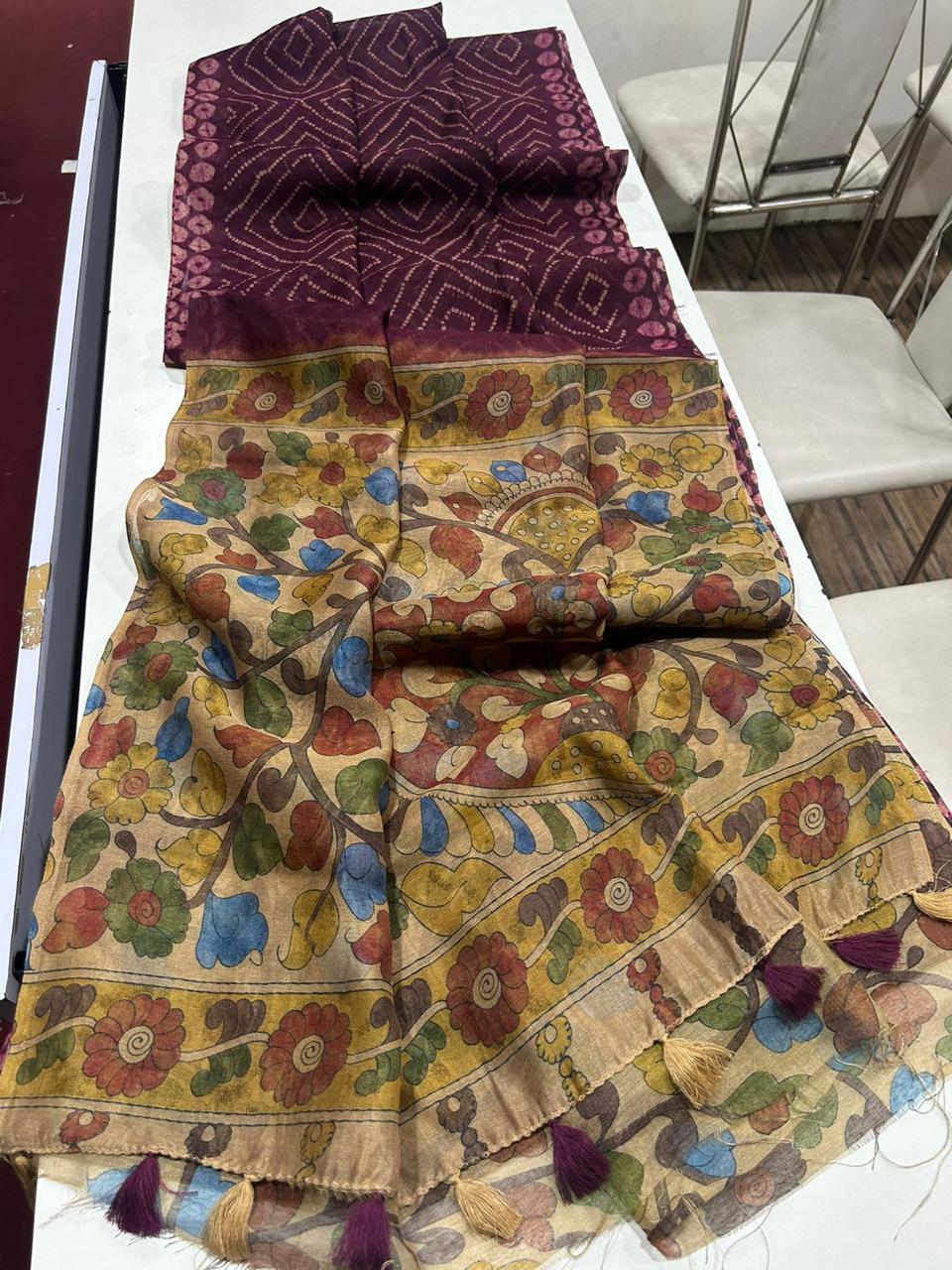 Premium Linen Saree, Beautiful Digital Print with Bandhani motifs all over, Elegant Kalamkari Pallu