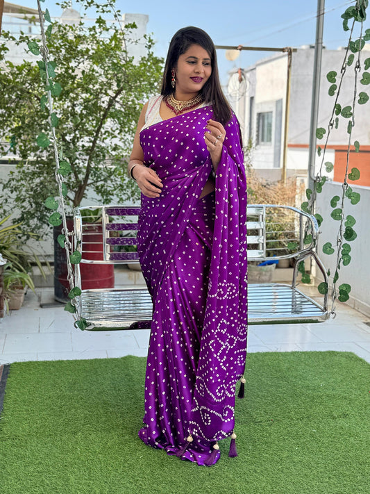 Bandhej Semi Gajji Soft Silk Saree, Traditional Ajrakh Bandhej Print,  Matching Ajrakh Print Blouse
