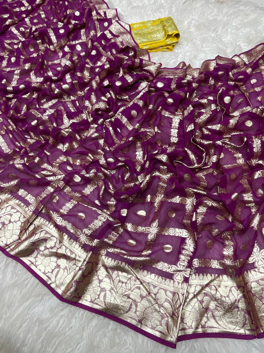 Pure Viscose Georgette Saree, Intricate Zari Jacquard Weaving All Over