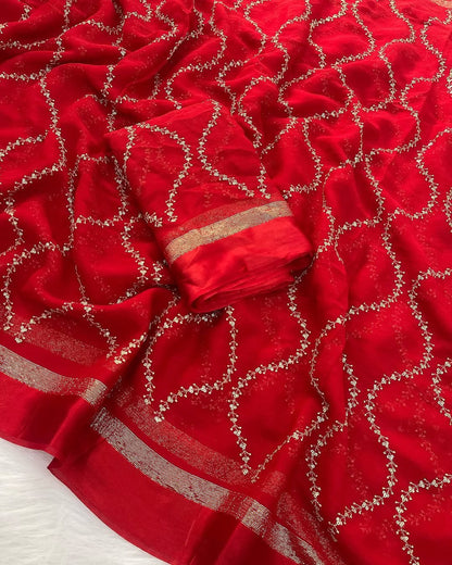 Premium Viscose Georgette Saree, Stunning satin border, exquisite glitter sequence work