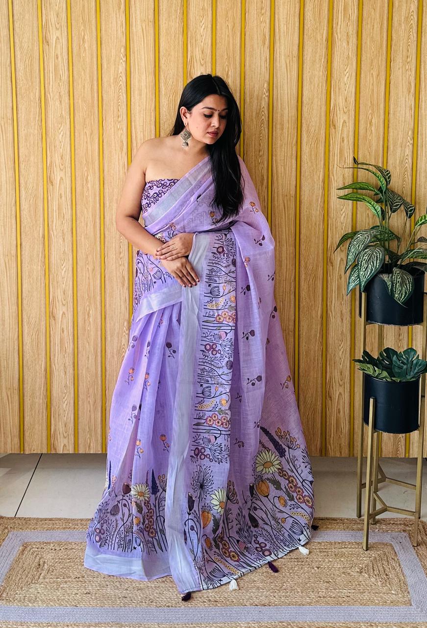 Traditional Charm Meets Modern Style – Batik Printed Linen Silk Sarees