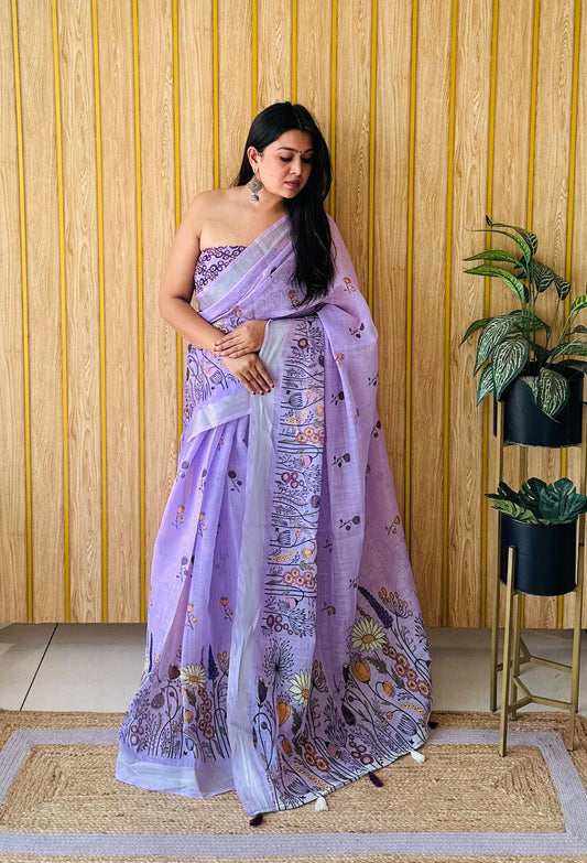 Traditional Charm Meets Modern Style – Batik Printed Linen Silk Sarees