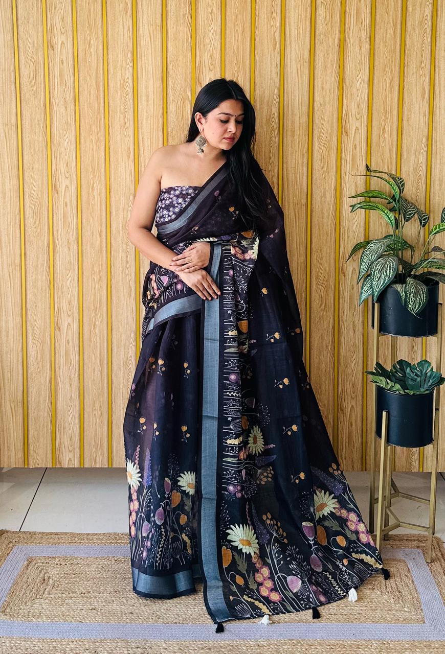 Traditional Charm Meets Modern Style – Batik Printed Linen Silk Sarees
