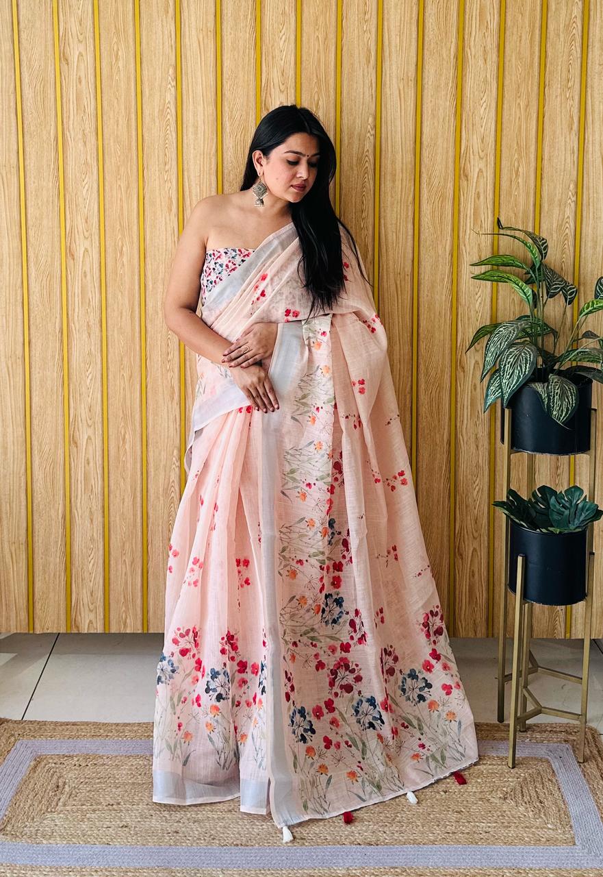 Traditional Charm Meets Modern Style – Batik Printed Linen Silk Sarees