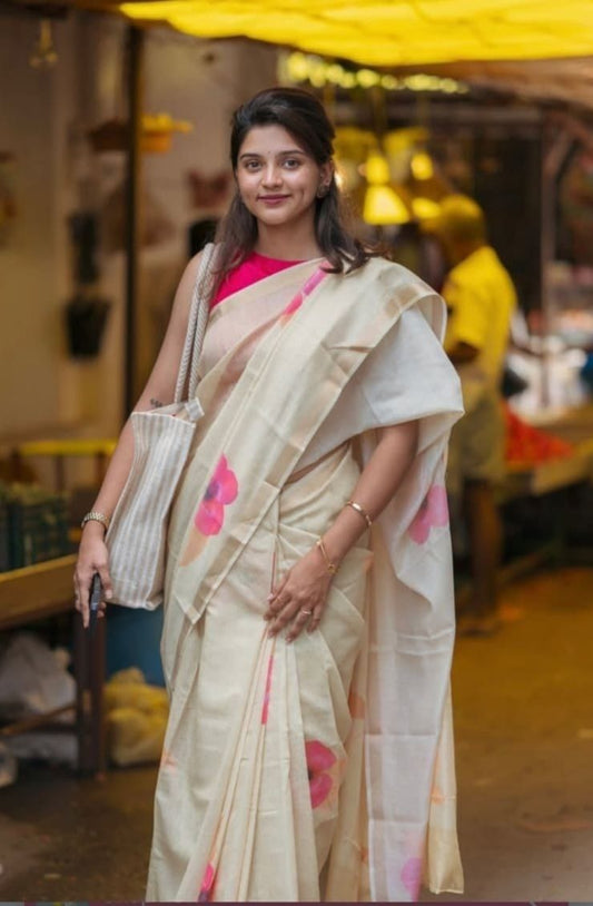 Elegance in Linen: Gold Jari Border Saree with Digital Print & Matching Blouse