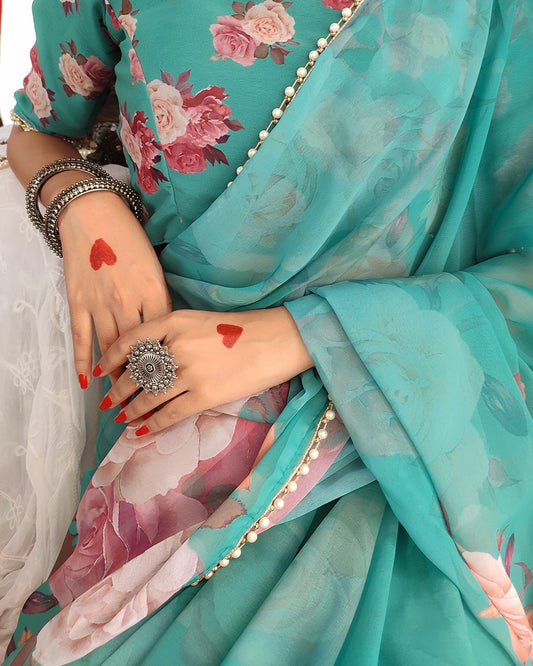 Timeless Elegance: Georgette Printed Saree with Pearl Lace Border