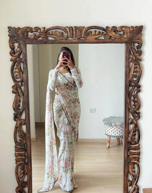 Effortless Elegance: Ready-to-Wear Saree with Digital Print & Lace Border