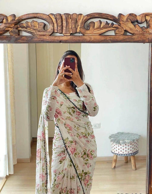 Effortless Elegance: Ready-to-Wear Saree with Digital Print & Lace Border