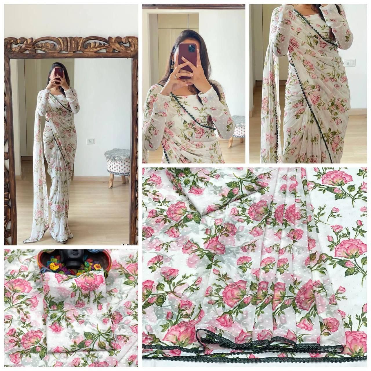 Effortless Elegance: Ready-to-Wear Saree with Digital Print & Lace Border