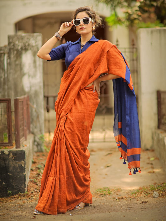Khadi Cotton Saree with Contrast Blouse – Elegance in Every Drape