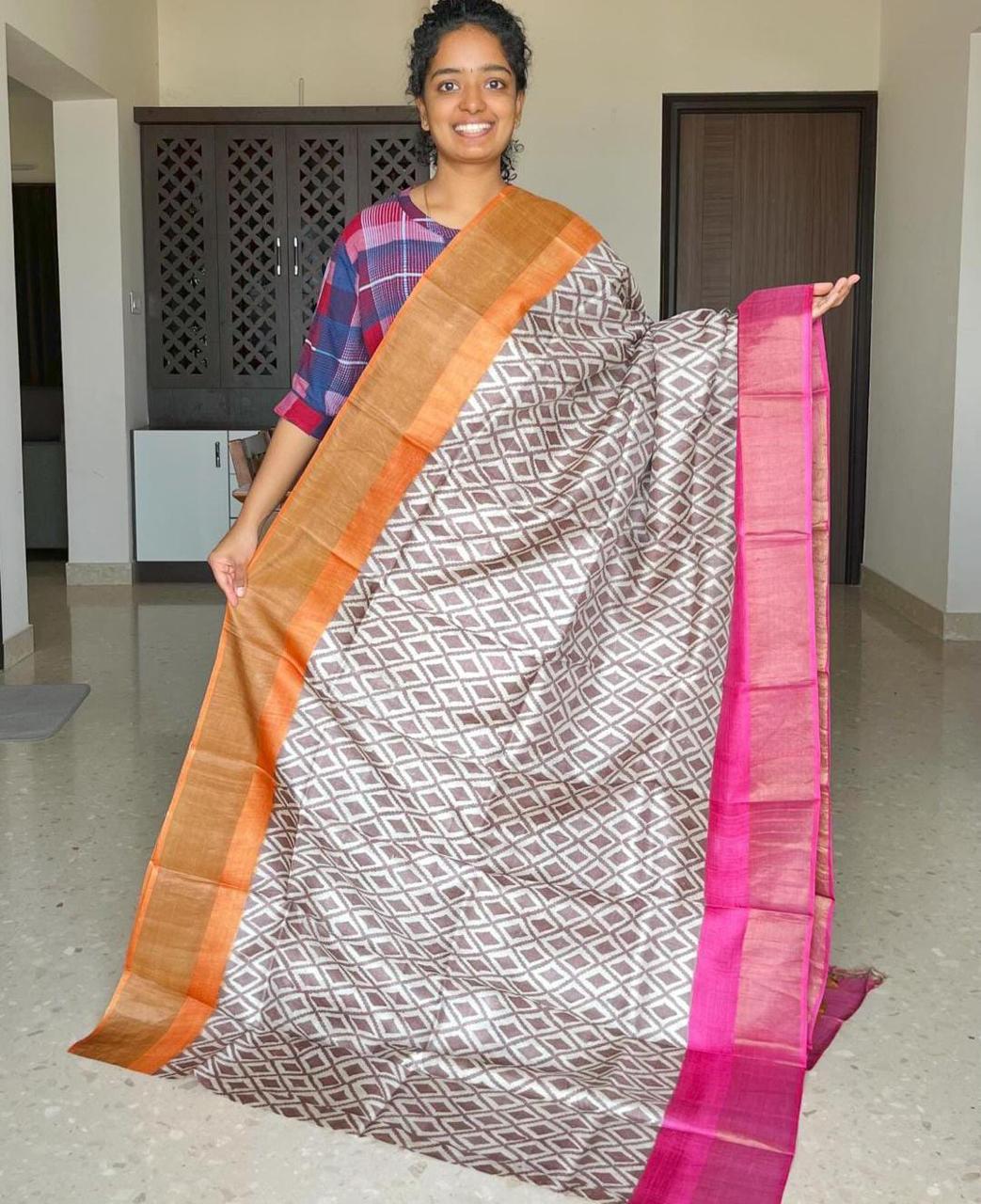 Exquisite Soft Tussar Saree with Kalamkari Print &amp; Zari Border