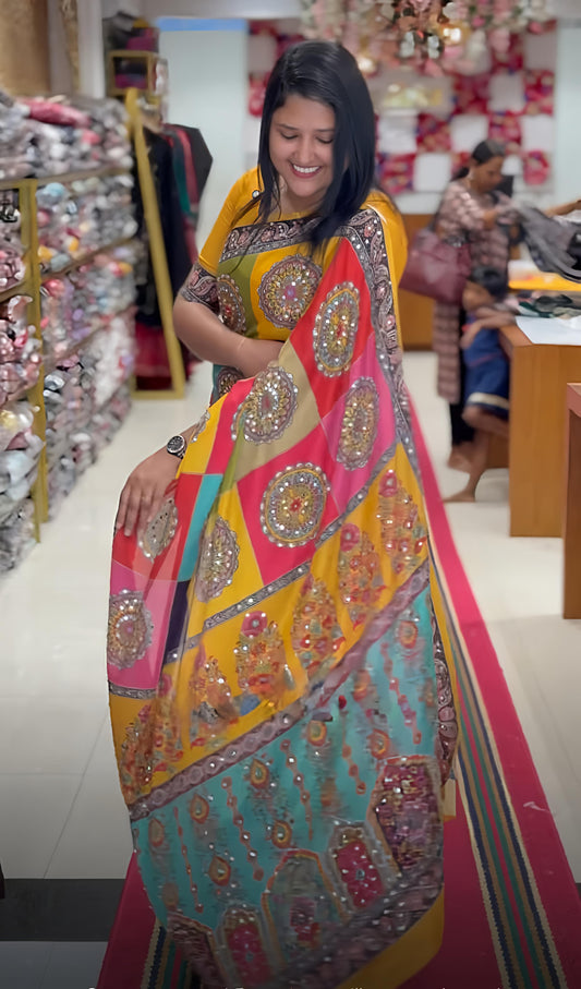 Yellow Mirror Collection – Heavy Marsh Mellow Georgette Saree