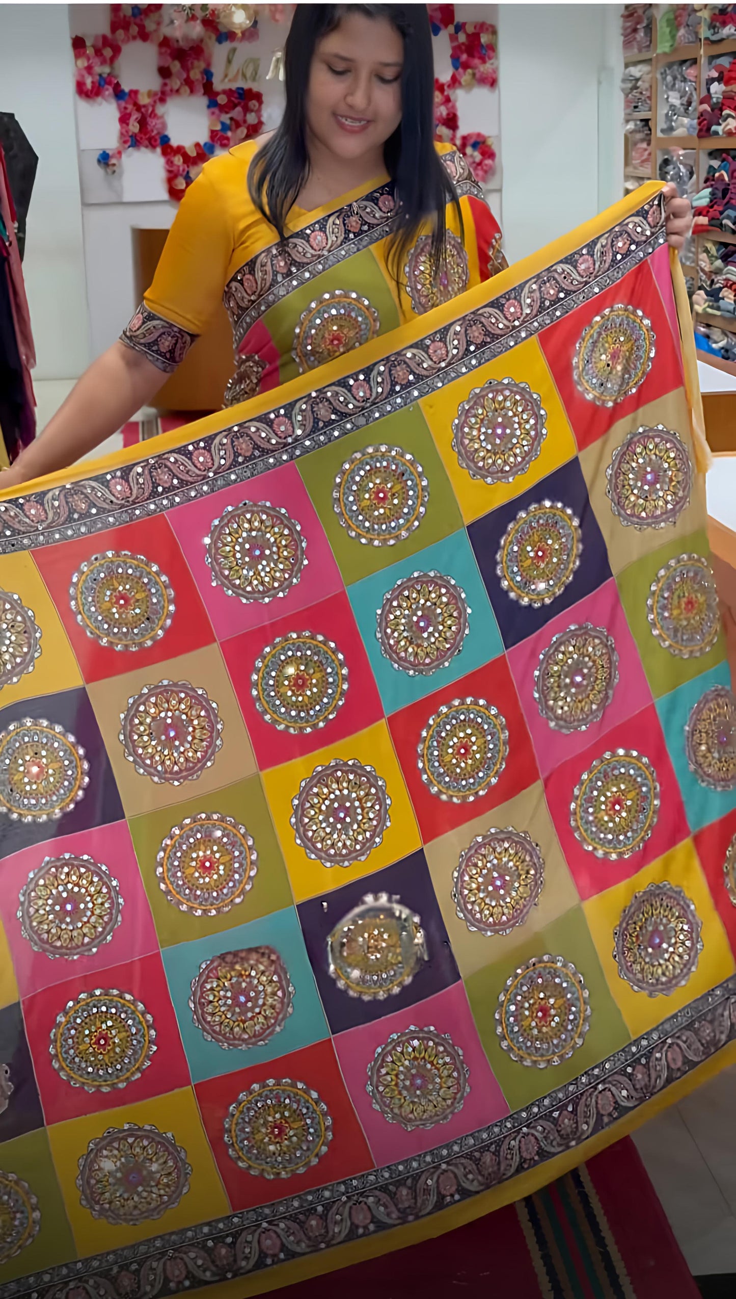 Yellow Mirror Collection – Heavy Marsh Mellow Georgette Saree