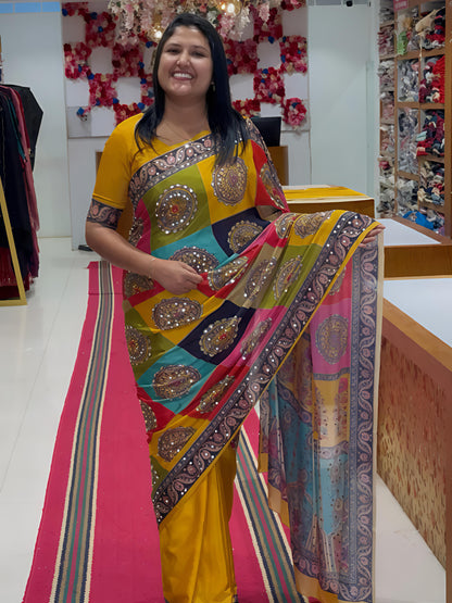 Yellow Mirror Collection – Heavy Marsh Mellow Georgette Saree