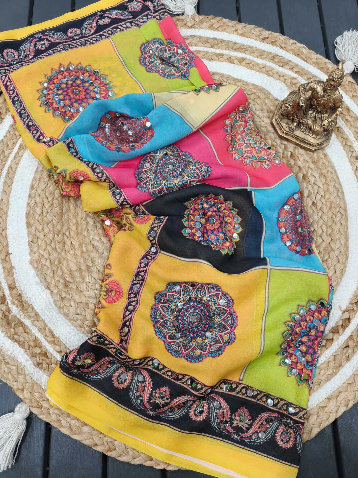 Yellow Mirror Collection – Heavy Marsh Mellow Georgette Saree